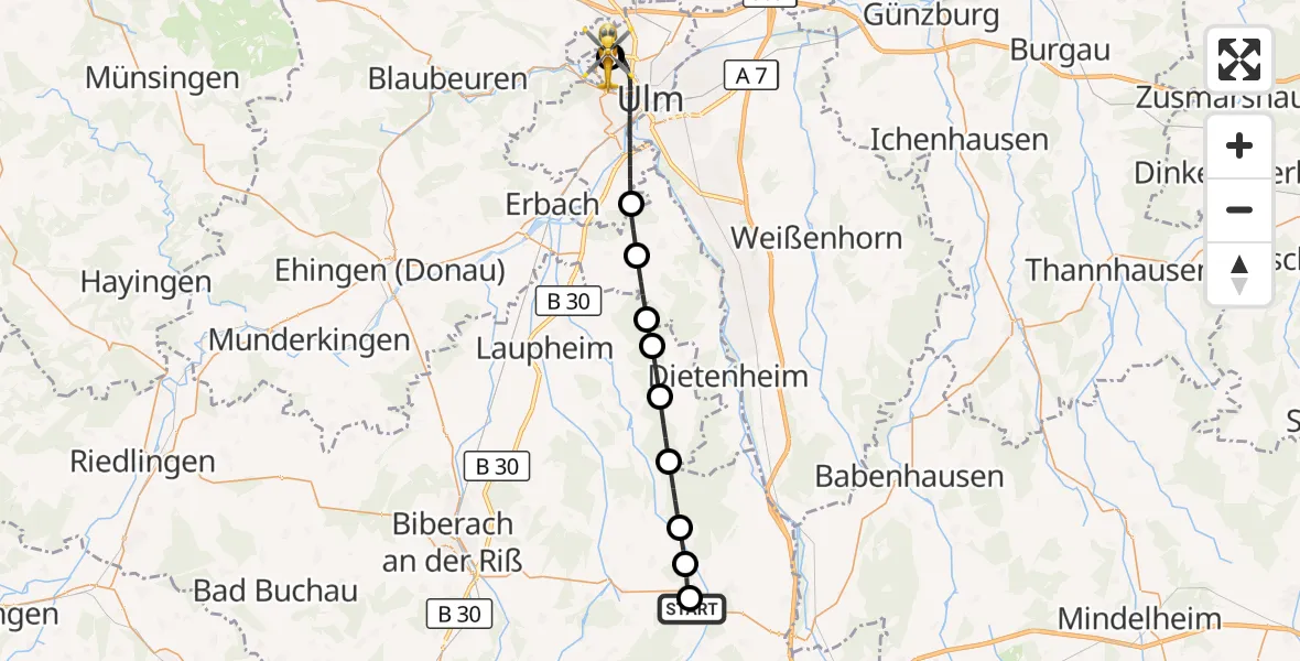 Flugroute Rettungshubschrauber Berkheim - Ulm Military Hospital Emergency, 17 September 2026, 07:03