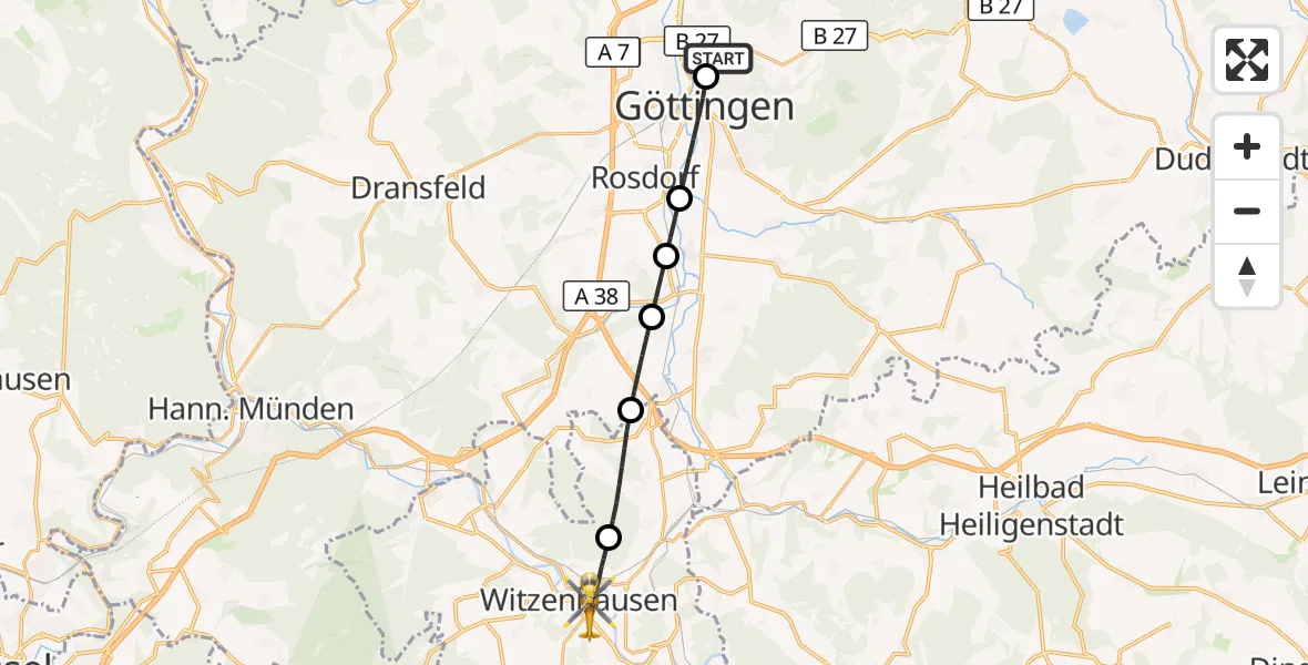 Flugroute Rettungshubschrauber Göttingen University Clinic Hubschrauberlandeplatz - Witzenhausen, 17 September 2026, 07:13
