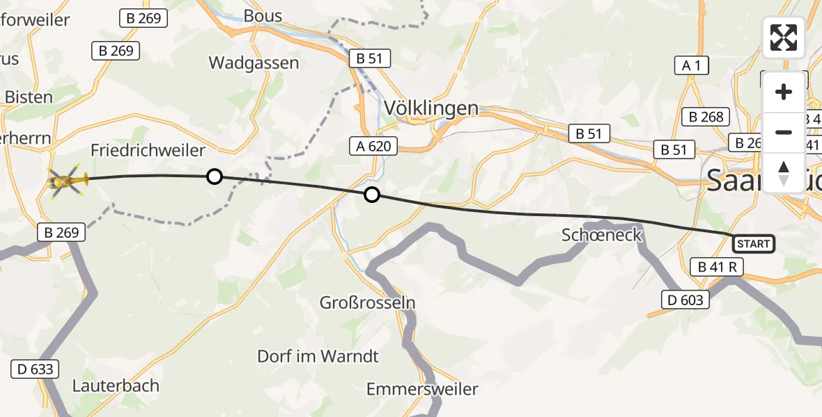 Flugroute Rettungshubschrauber Saarbrücken - Überherrn, 17 September 2026, 07:18