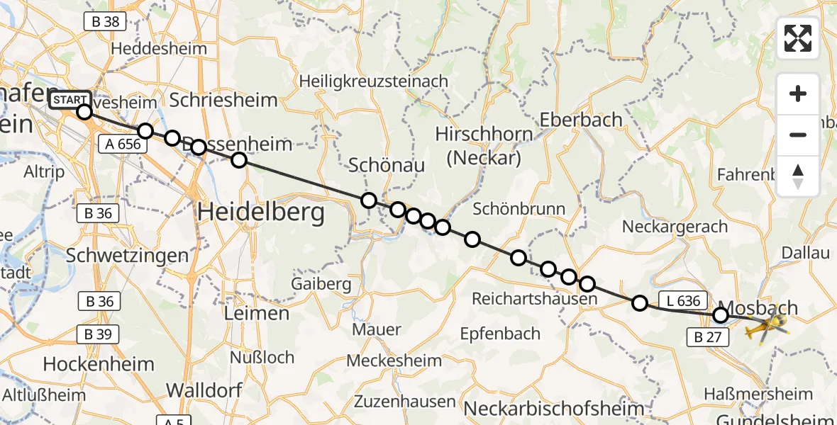 Flugroute Rettungshubschrauber Mannheim-City Flughafen - Mosbach, 17 September 2026, 07:27