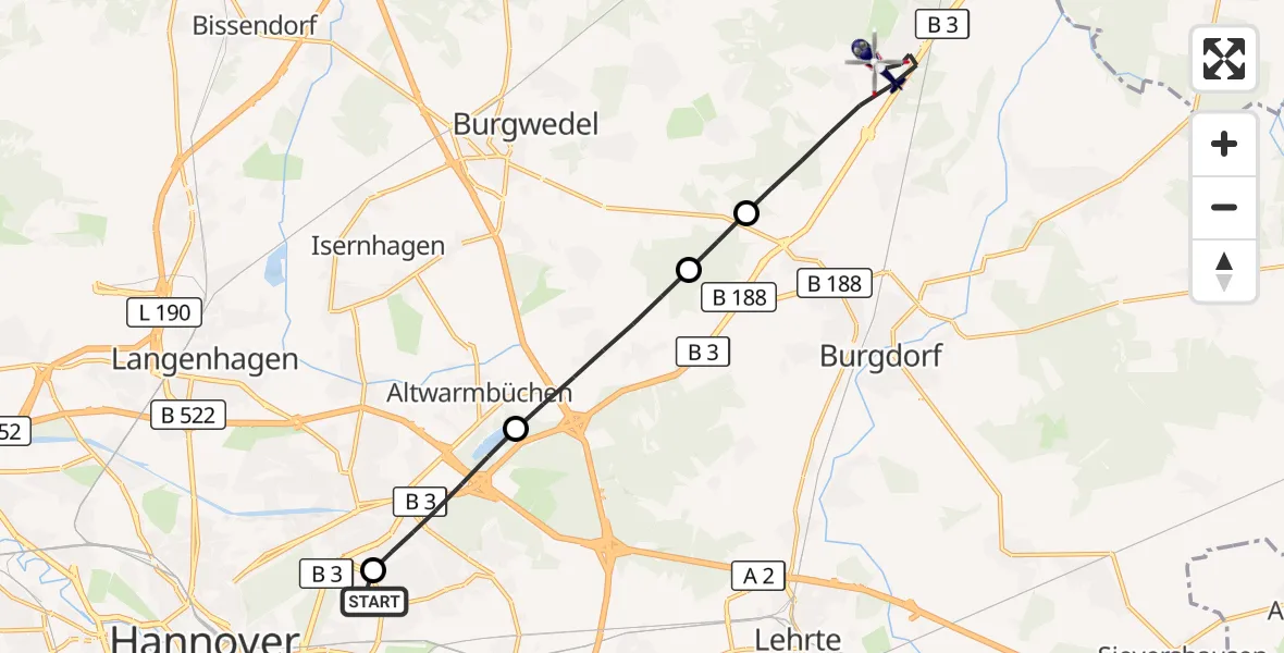 Flugroute Polizeihubschrauber Hannover Luftrettung Hubschrauberlandeplatz (Christoph 4) - Burgdorf, 17 September 2026, 07:30