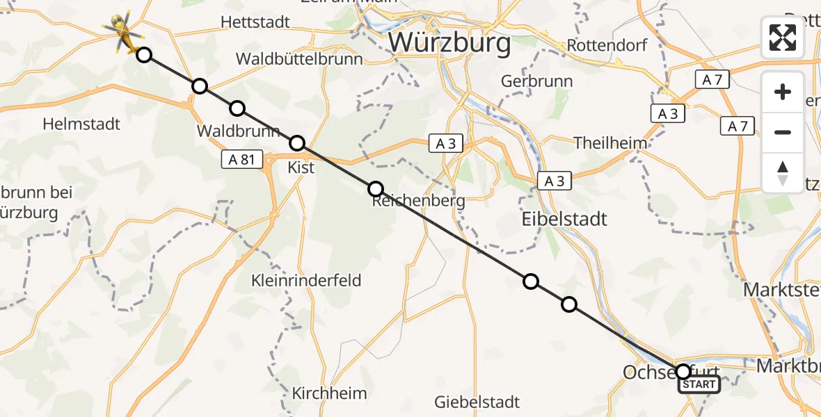Flugroute Rettungshubschrauber Ochsenfurt Hospital - Uettingen, 17 September 2026, 08:01