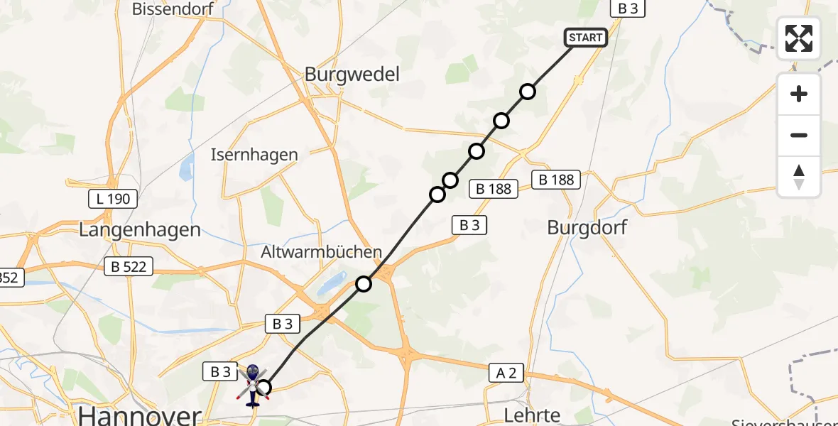 Flugroute Polizeihubschrauber Burgdorf - Hannover Luftrettung Hubschrauberlandeplatz (Christoph 4), 17 September 2026, 08:08