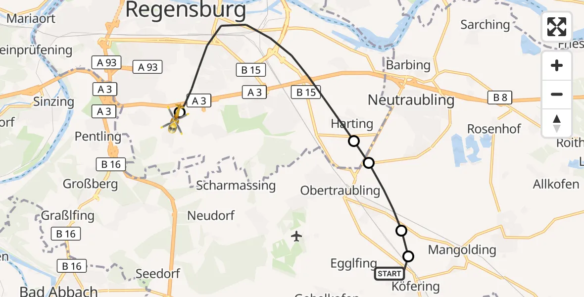 Flugroute Rettungshubschrauber Köfering - DRF Air Rescue Station Regensburg / Regensburg University Hospital, 17 September 2026, 08:26
