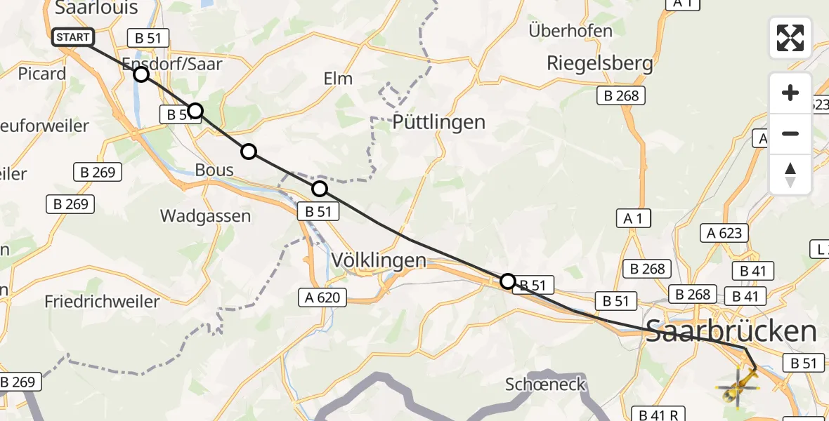 Flugroute Rettungshubschrauber Saarlouis - Saarbrücken, 17 September 2026, 08:29