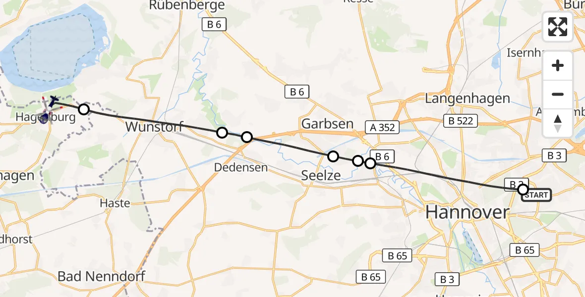 Flugroute Polizeihubschrauber Hannover Luftrettung Hubschrauberlandeplatz (Christoph 4) - Hagenburg, 17 September 2026, 08:34