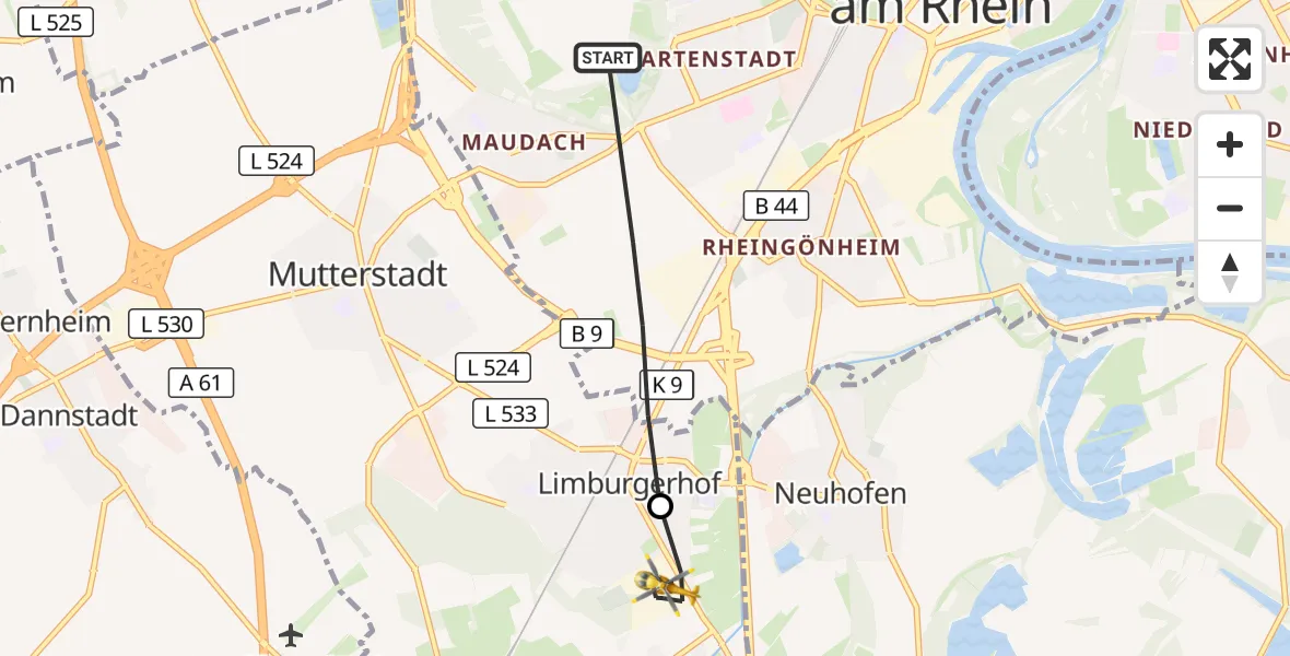 Flugroute Rettungshubschrauber Ludwigshafen am Rhein - Limburgerhof, 17 September 2026, 08:35