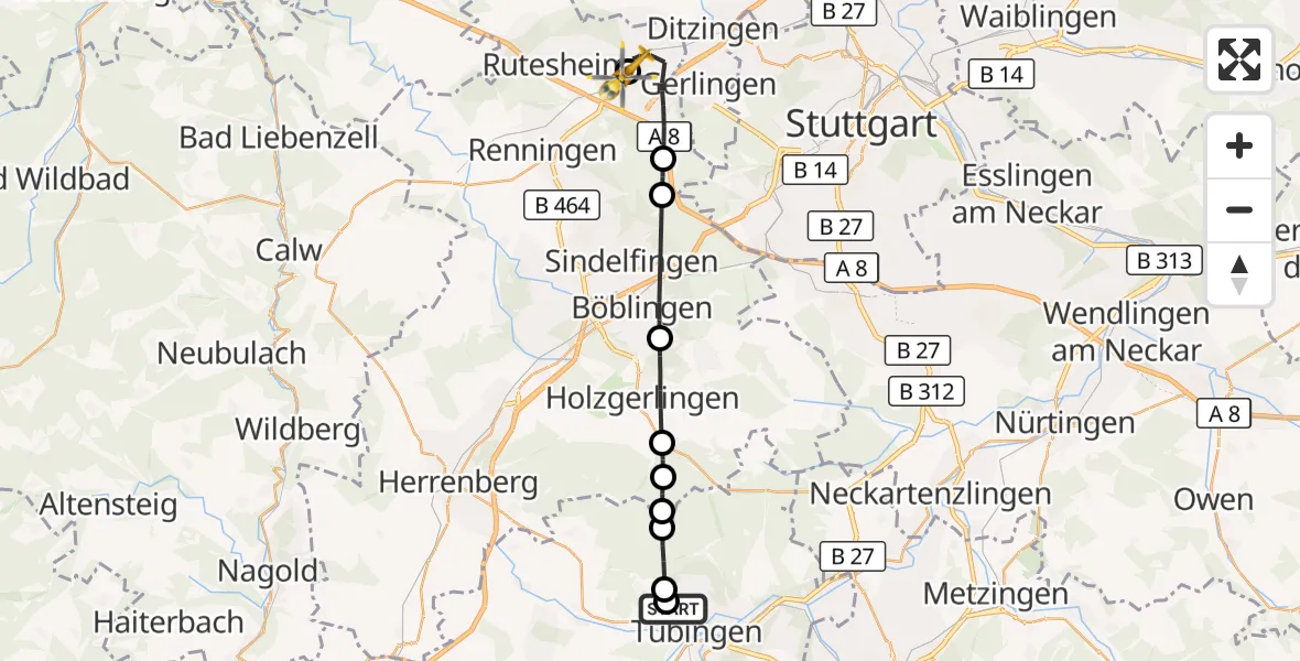 Flugroute Rettungshubschrauber Tübingen Trauma Hospital - Leonberg Hospital, 17 September 2026, 08:44