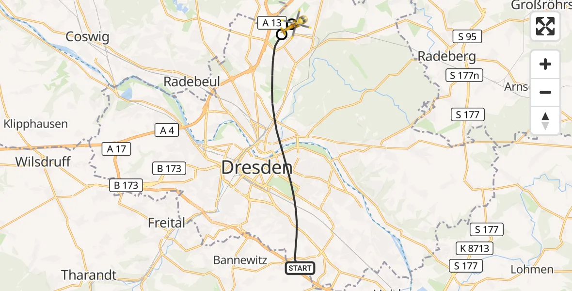 Flugroute Rettungshubschrauber Dresden - Dresden Bundespolizei Hubschrauberlandeplatz, 17 September 2026, 08:45