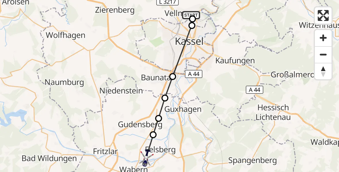 Flugroute Polizeihubschrauber Fuldatal Bundespolizei Hubschrauberlandeplatz - Felsberg, 17 September 2026, 08:44