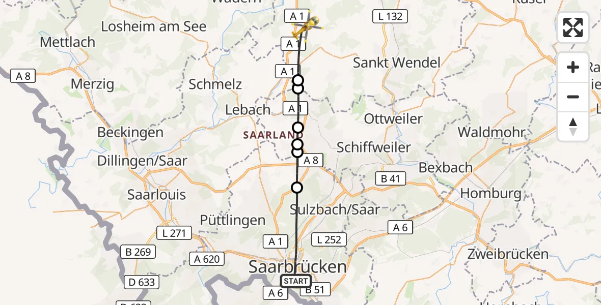 Flugroute Rettungshubschrauber Saarbrücken - Tholey, 17 September 2026, 08:55