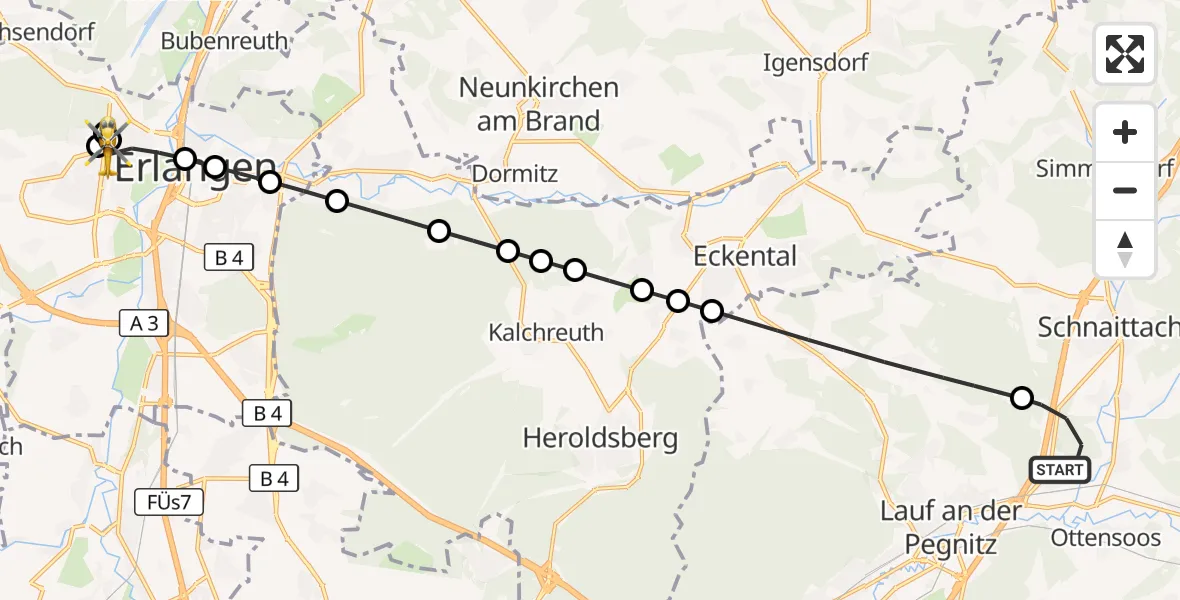 Flugroute Ambulanzhubschrauber Neunkirchen a.Sand - Europakanal Hospital Hubschrauberlandeplatz, 17 September 2026, 09:06