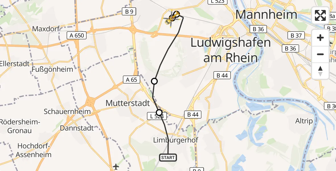 Flugroute Rettungshubschrauber Limburgerhof - Ludwigshafen Accident Hospital, 17 September 2026, 09:07