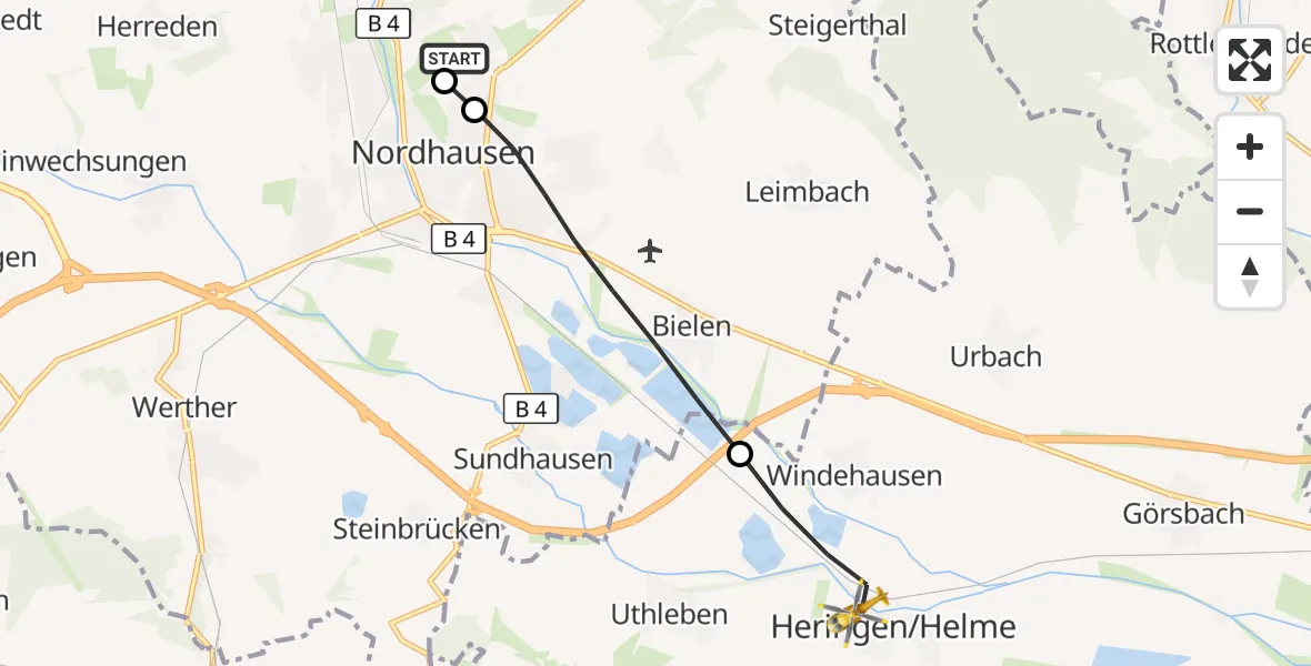 Flugroute Rettungshubschrauber Südharz Hospital Nordhausen - Heringen/Helme, 17 September 2026, 09:30