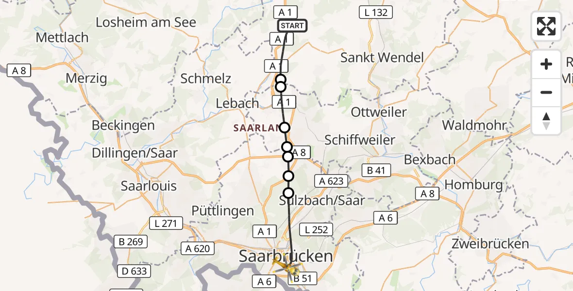 Flugroute Rettungshubschrauber Tholey - Saarbrücken, 17 September 2026, 09:36