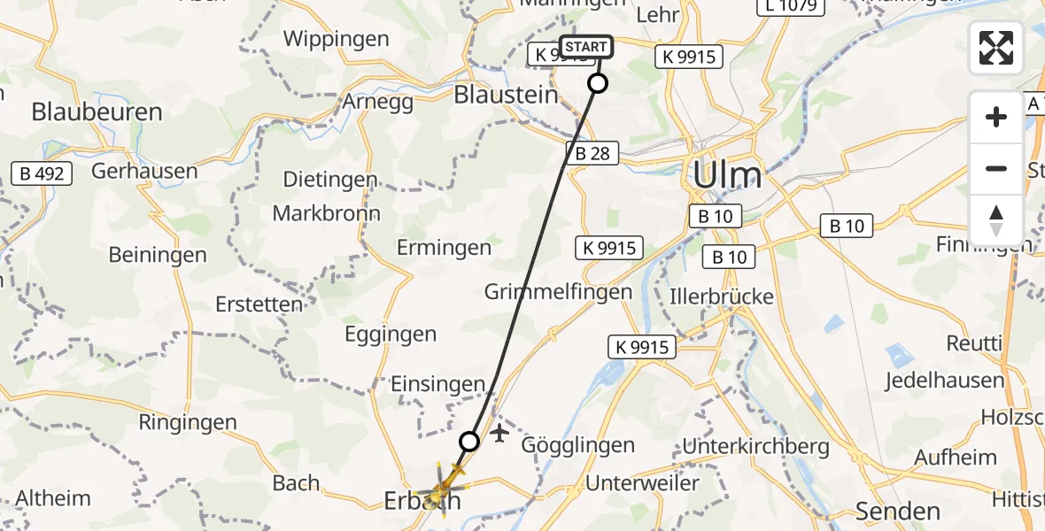Flugroute Rettungshubschrauber Ulm Military Hospital Emergency - Erbach, 17 September 2026, 09:37