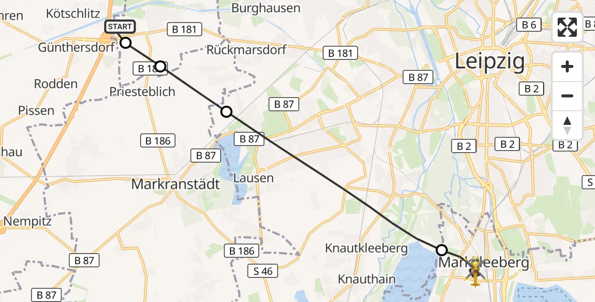 Flugroute Rettungshubschrauber ADAC Air Rescue Station Leipzig/Schkeuditz-Dölzig Hubschrauberlandeplatz (Christoph 61) - Markkleeberg, 17 September 2026, 09:54