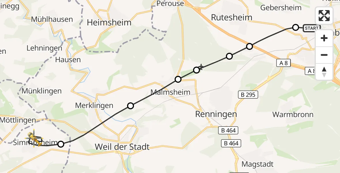 Flugroute Rettungshubschrauber Leonberg Hospital - Simmozheim, 17 September 2026, 10:00