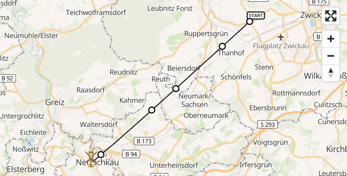Flugroute Rettungshubschrauber ADAC Air Rescue Station Zwickau Hubschrauberlandeplatz - Netzschkau, 17 September 2026, 10:00