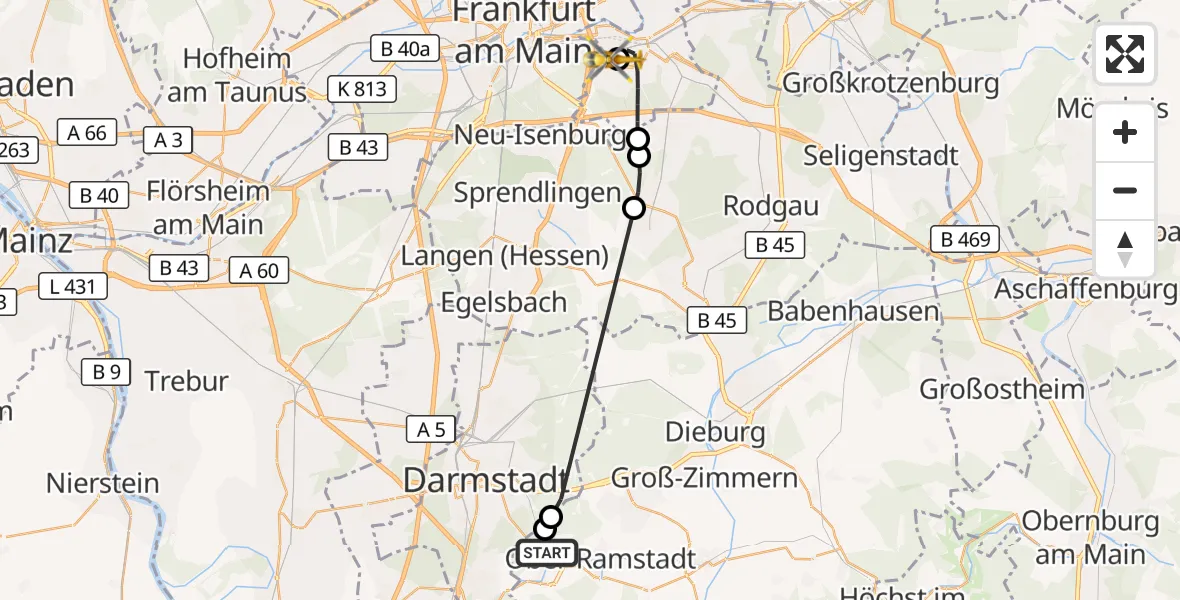 Flugroute Rettungshubschrauber Mühltal - Sana Hospital Offenbach, 17 September 2026, 10:07