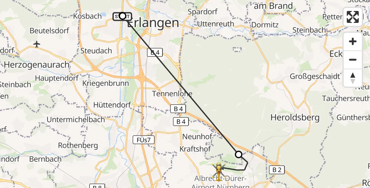 Flugroute Ambulanzhubschrauber Europakanal Hospital - Flughafen Nuremberg, 17 September 2026, 10:07
