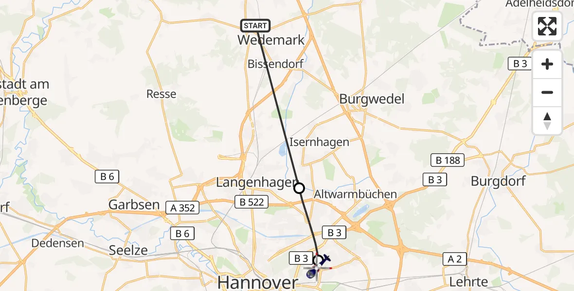 Flugroute Polizeihubschrauber Wedemark - Hannover Luftrettung Hubschrauberlandeplatz (Christoph 4), 17 September 2026, 10:07