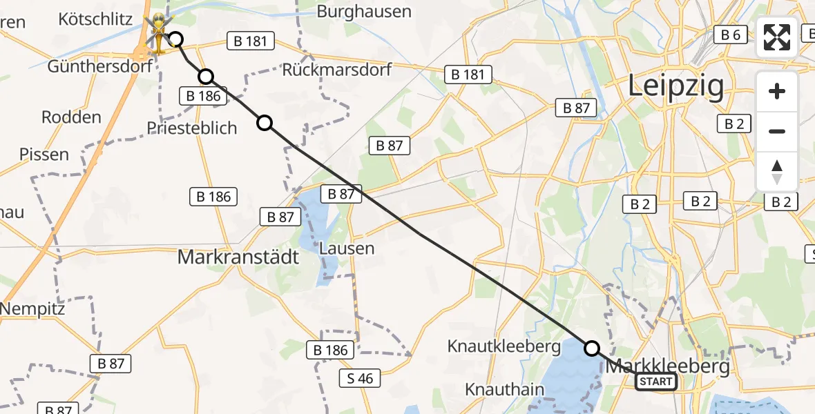 Flugroute Rettungshubschrauber Markkleeberg - ADAC Air Rescue Station Leipzig/Schkeuditz-Dölzig Hubschrauberlandeplatz (Christoph 61), 17 September 2026, 10:16
