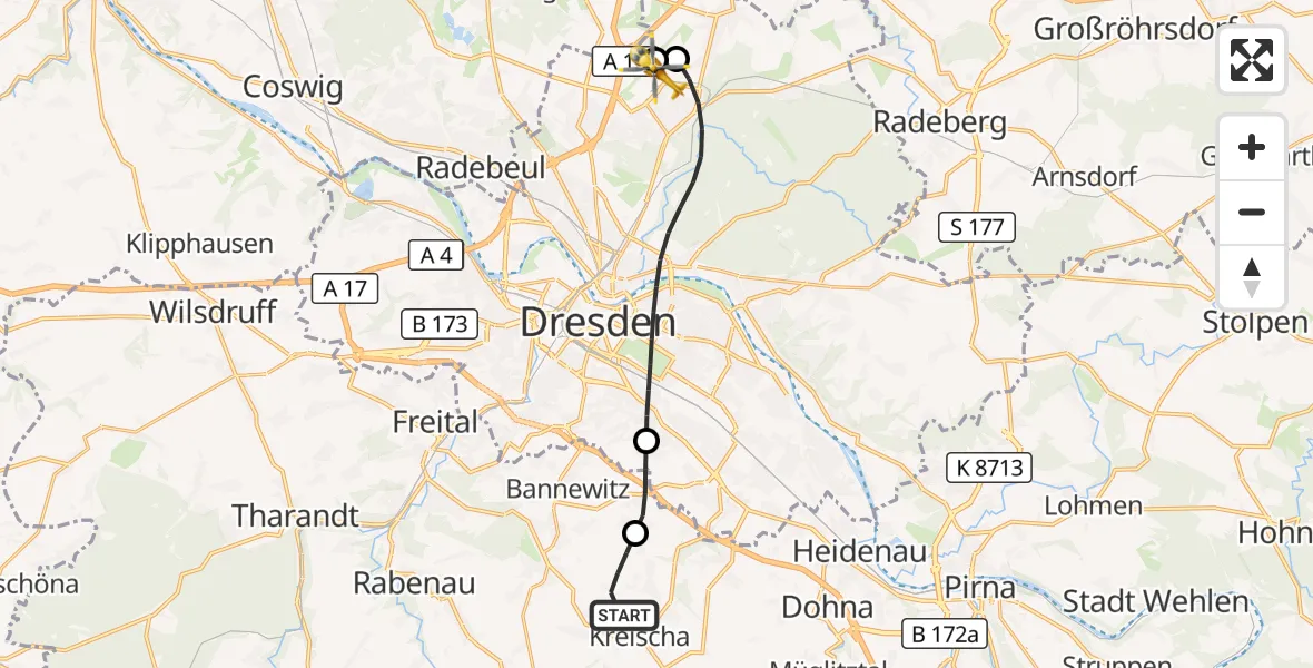 Flugroute Rettungshubschrauber Kreischa - Dresden Flughafen, 17 September 2026, 10:20
