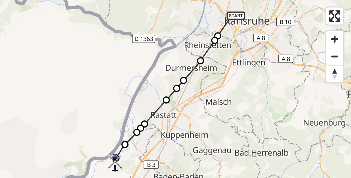 Flugroute Polizeihubschrauber Karlsruhe - Karlsruhe Baden-Baden Flughafen, 17 September 2026, 10:23