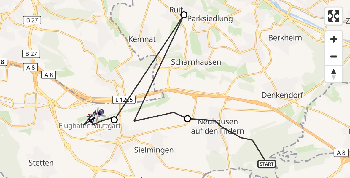 Flugroute Polizeihubschrauber Neuhausen auf den Fildern - Flughafen Stuttgart, 17 September 2026, 10:26