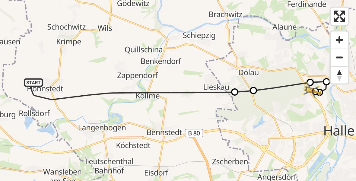 Flugroute Rettungshubschrauber Salzatal - Halle (Saale) University Hospital, 17 September 2026, 10:32