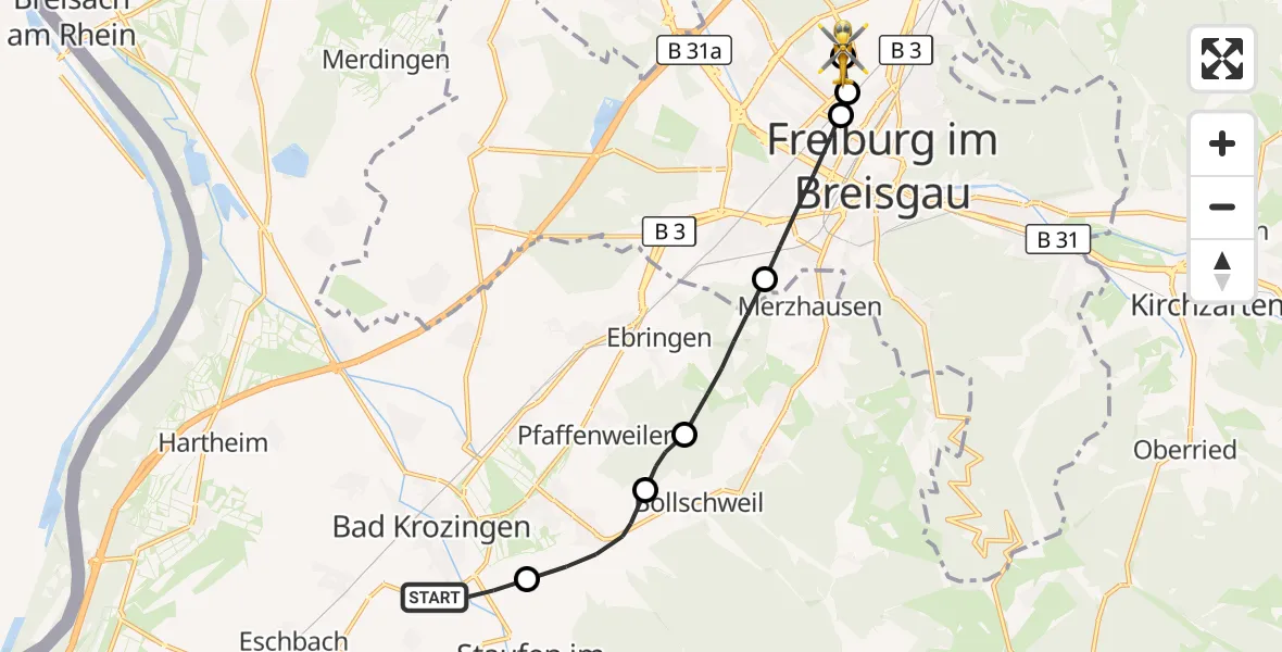Flugroute Ambulanzhubschrauber Bad Krozingen - Freiburg im Breisgau Flugplatz, 17 September 2026, 10:35