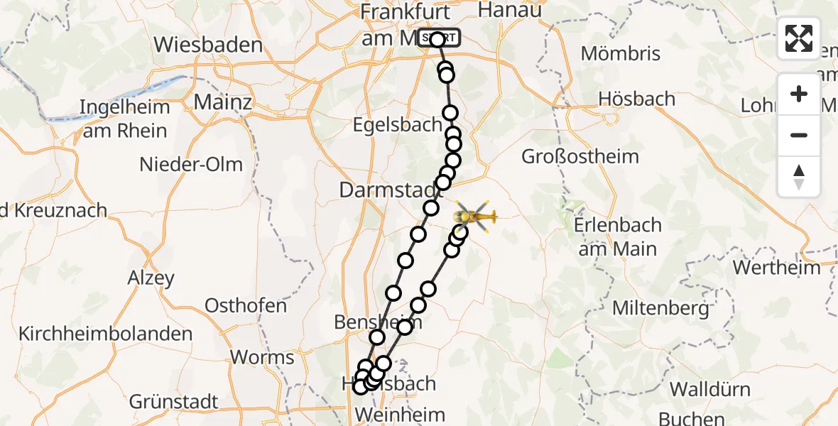 Flugroute Rettungshubschrauber Sana Hospital Offenbach - Reinheim, 17 September 2026, 10:36