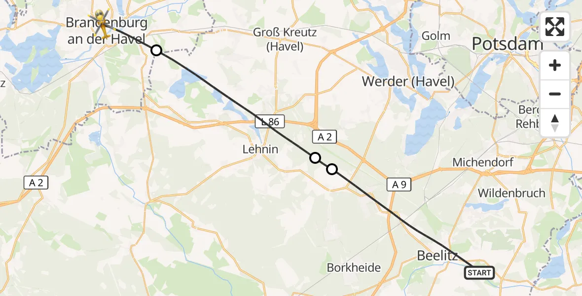 Flugroute Rettungshubschrauber Beelitz - Brandenburg an der Havel, 17 September 2026, 10:36