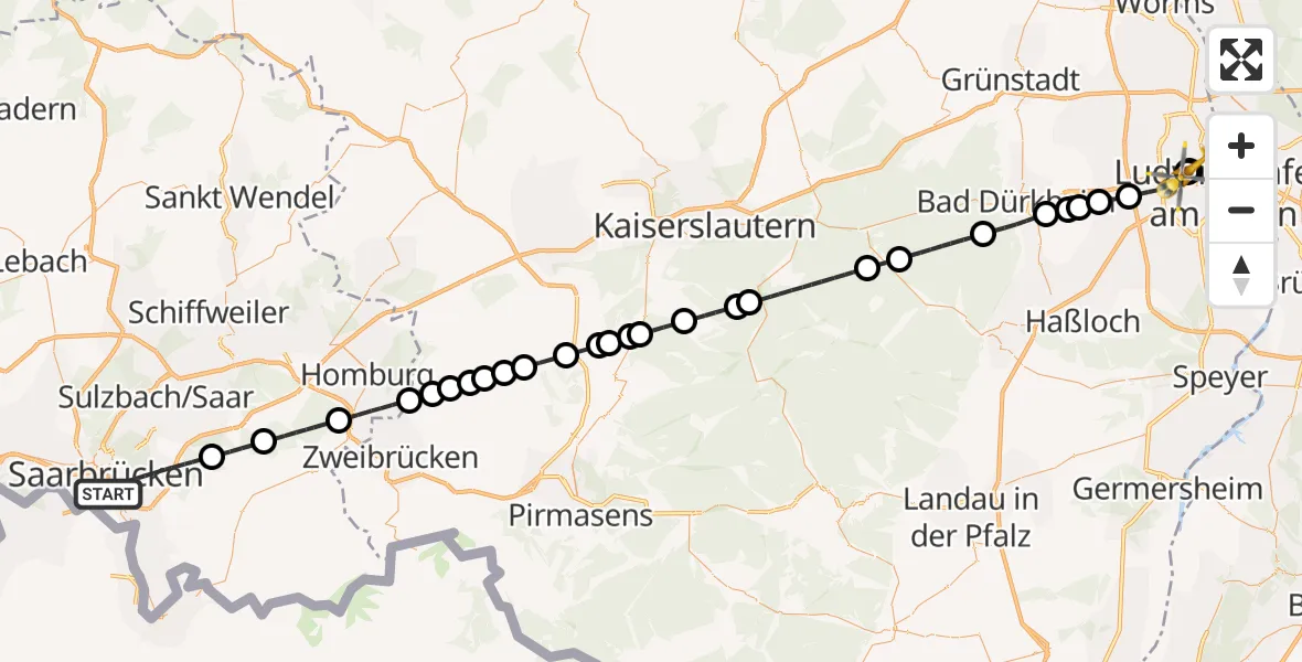 Flugroute Rettungshubschrauber Saarbrücken - Ludwigshafen Accident Hospital, 17 September 2026, 10:37