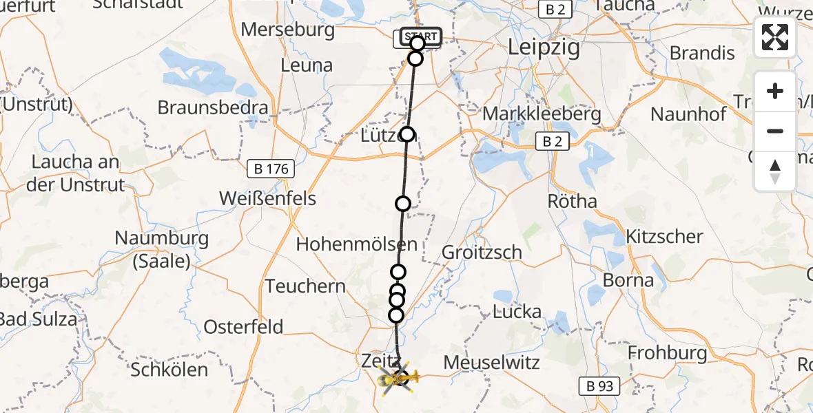 Flugroute Rettungshubschrauber ADAC Air Rescue Station Leipzig/Schkeuditz-Dölzig Hubschrauberlandeplatz (Christoph 61) - Zeitz Hospital, 17 September 2026, 10:55