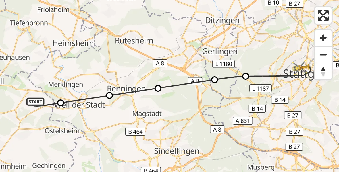 Flugroute Rettungshubschrauber Simmozheim - Stuttgart, 17 September 2026, 10:55