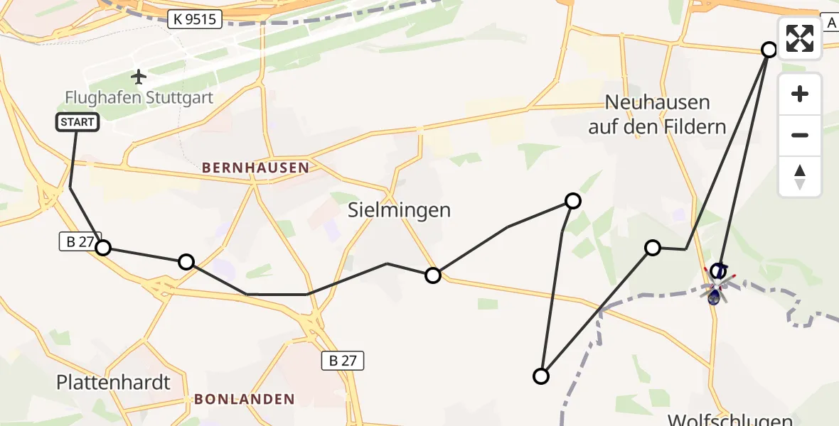 Flugroute Polizeihubschrauber Flughafen Stuttgart - Wolfschlugen, 17 September 2026, 11:02