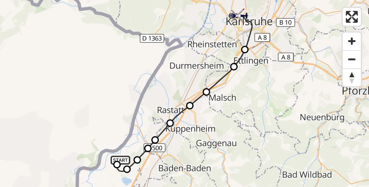 Flugroute Polizeihubschrauber Karlsruhe Baden-Baden Flughafen - Karlsruhe, 17 September 2026, 11:10