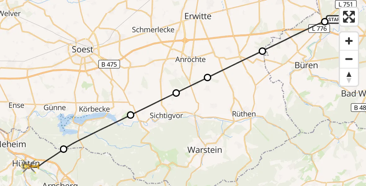 Flugroute Ambulanzhubschrauber Paderborn Lippstadt Flughafen - Arnsberg, 17 September 2026, 11:11