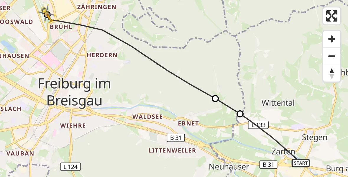 Flugroute Ambulanzhubschrauber Kirchzarten - Freiburg im Breisgau Flugplatz, 17 September 2026, 11:12