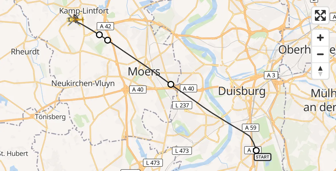 Flugroute Rettungshubschrauber Duisburg Air Rescue Hubschrauberlandeplatz (Christoph 9) - Kamp-Lintfort, 17 September 2026, 11:27