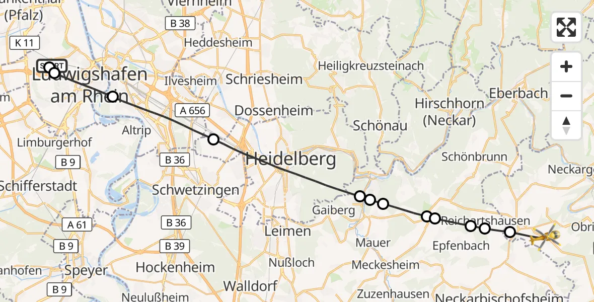 Flugroute Rettungshubschrauber Ludwigshafen Accident Hospital - Obrigheim, 17 September 2026, 11:28