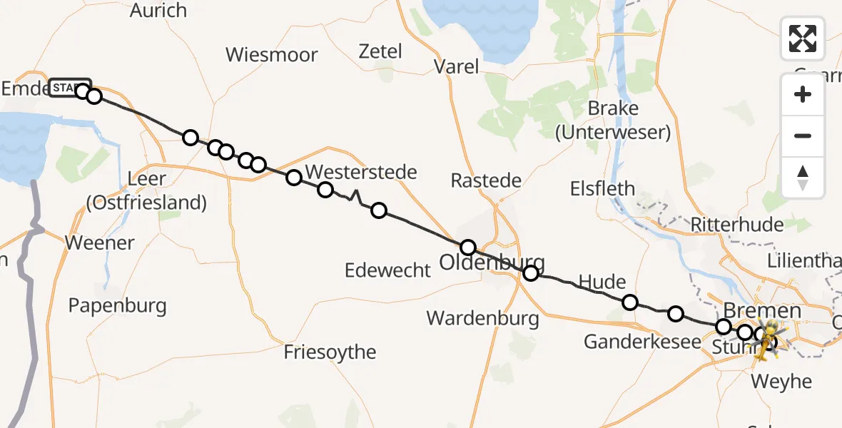 Flugroute Rettungshubschrauber Emden - ADAC Air Rescue Station Bremen Hubschrauberlandeplatz (Christoph 6), 17 September 2026, 11:29