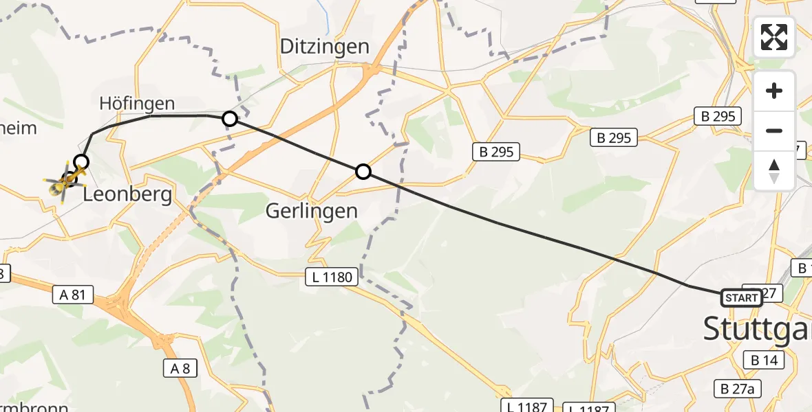 Flugroute Rettungshubschrauber Stuttgart - Leonberg Hospital, 17 September 2026, 11:37