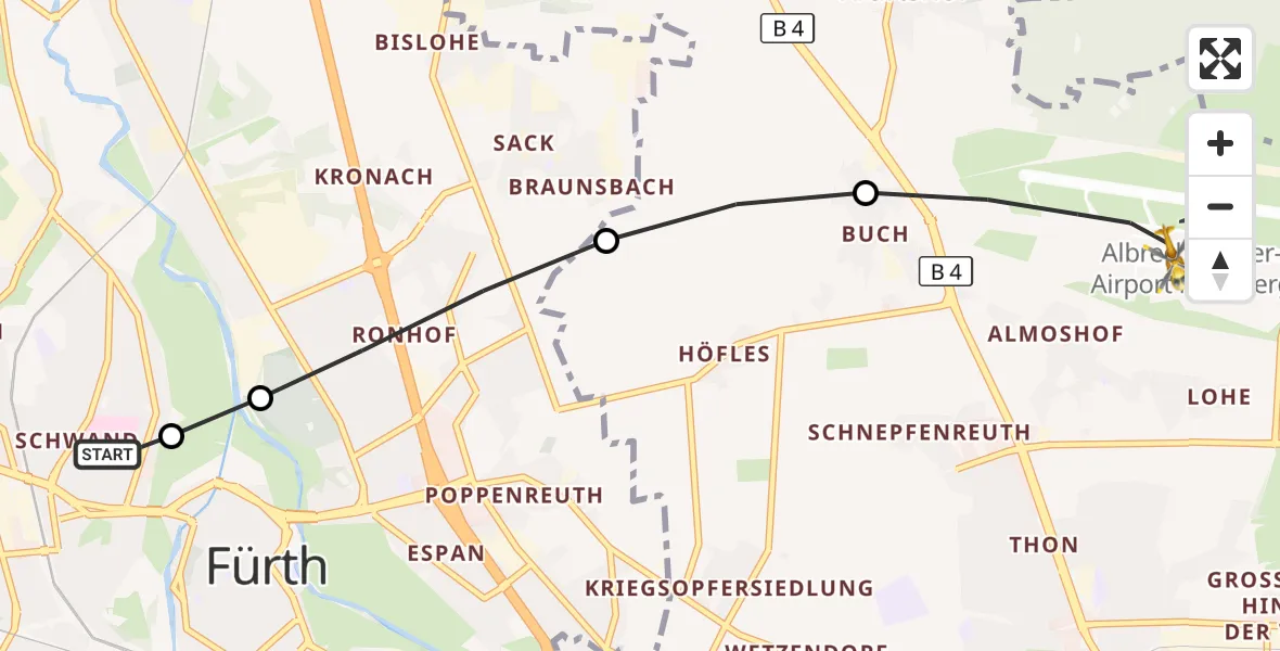 Flugroute Ambulanzhubschrauber Fürth Hospital - Flughafen Nuremberg, 17 September 2026, 11:37