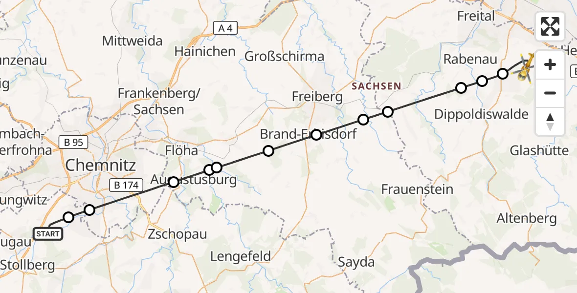 Flugroute Rettungshubschrauber Jahnsdorf/Erzgeb. - Kreischa, 17 September 2026, 11:38