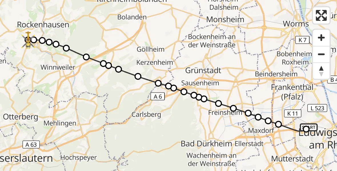 Flugroute Rettungshubschrauber Ludwigshafen Accident Hospital - Rockenhausen, 17 September 2026, 11:38