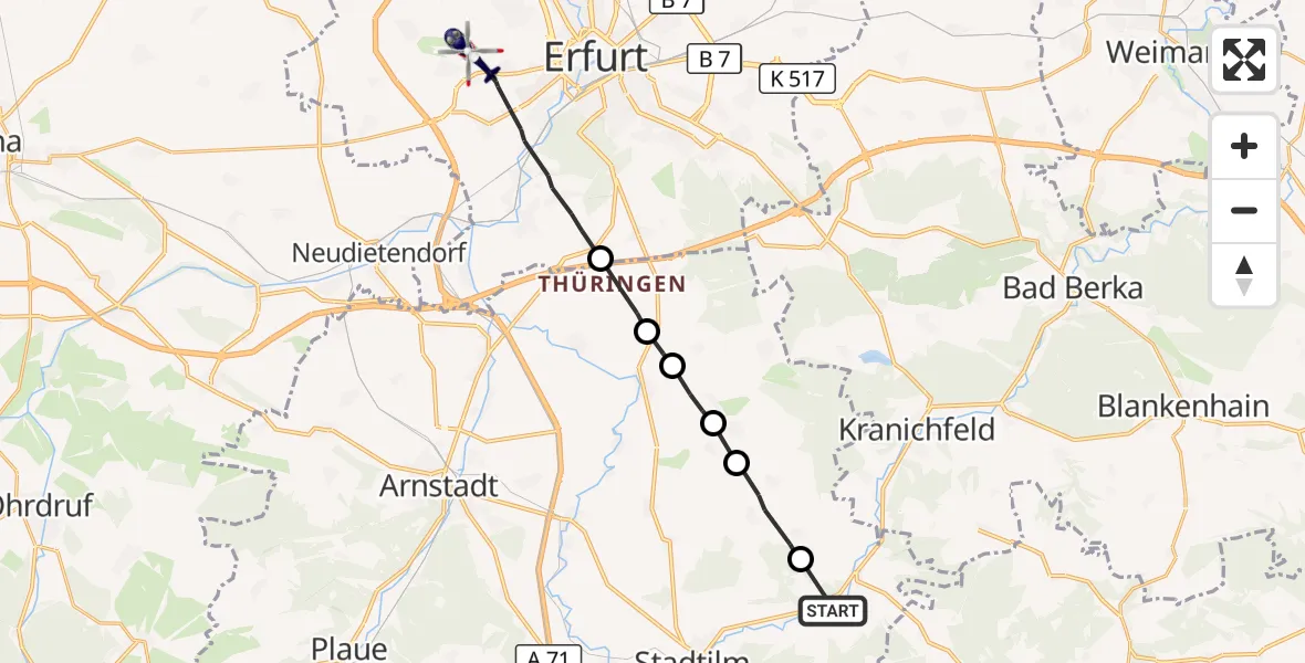 Flugroute Polizeihubschrauber Stadtilm - Erfurt-Weimar Flughafen, 17 September 2026, 11:43