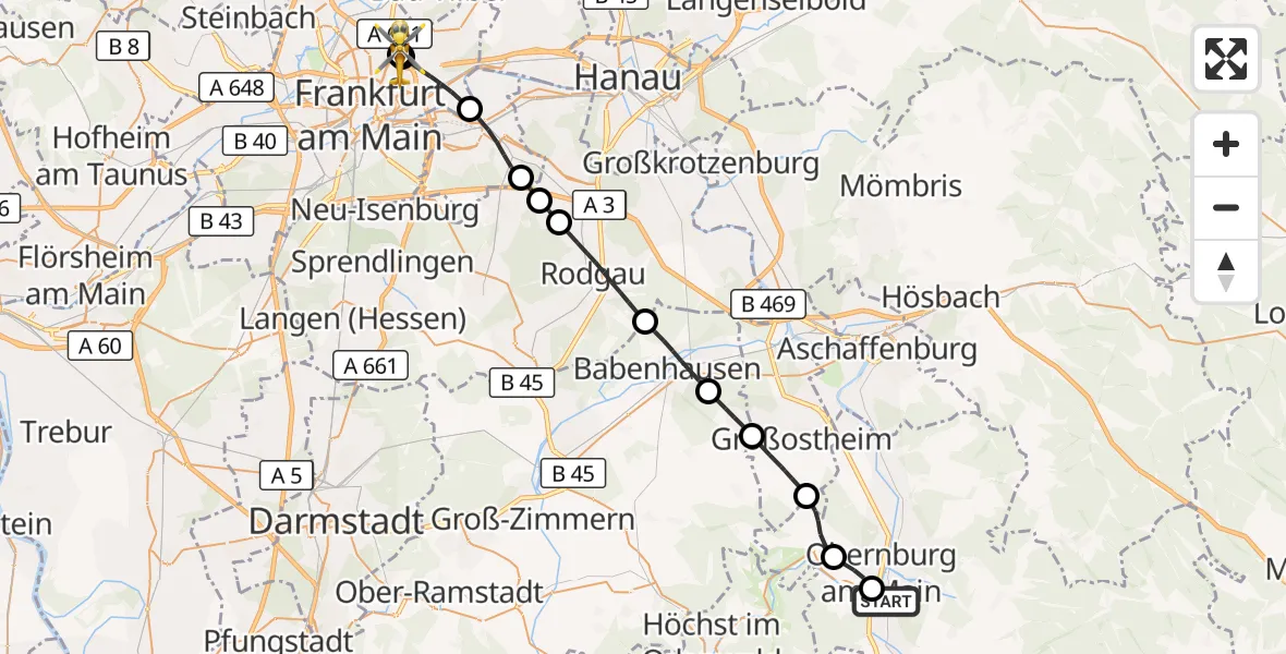 Flugroute Rettungshubschrauber Erlenbach a.Main - Frankfurt am Main Accident Hospital Roof Helipad (CHX2), 17 September 2026, 11:52